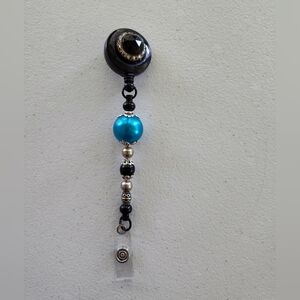 Black and Teal Blue Beaded Retractable ID Badge Reel Holder